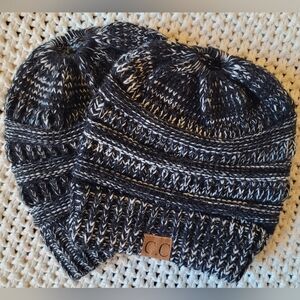 C.C Pair Of BeanieTail Marled Black & White Knit Beanies